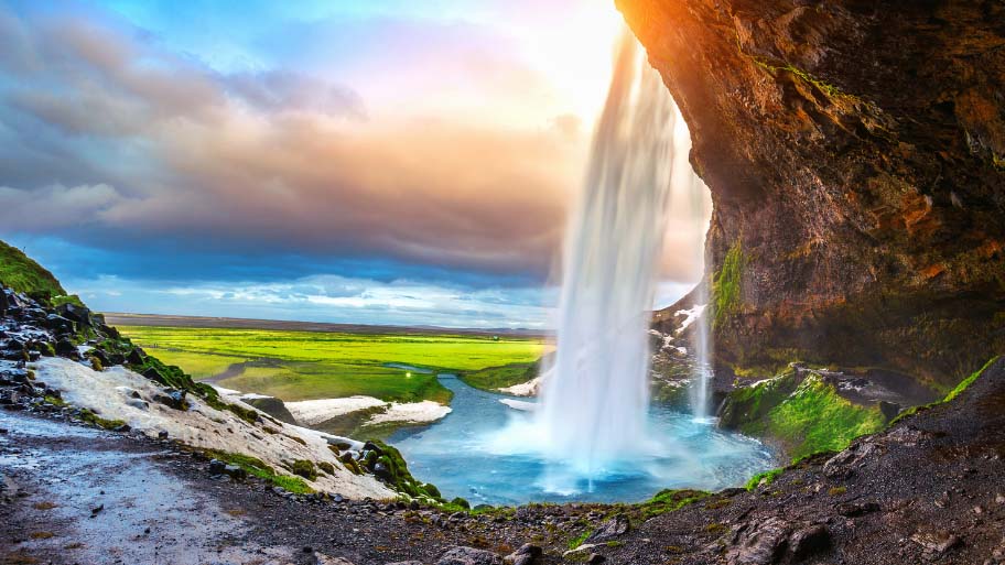 Seljalandsfoss waterfall during the sunset, Beautiful waterfall in Iceland