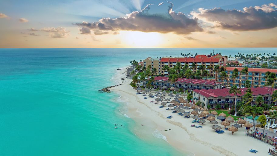 erial from Manchebo beach on Aruba island in the Caribbean at sunset