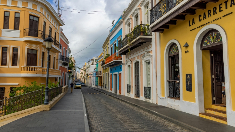 View of a Cobblestone Street between Colorful Buildings in San Juan, Puerto Rico