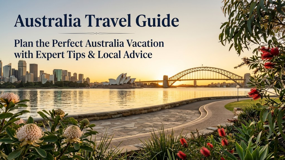 Australia Travel Guide cover featuring Sydney Harbour, the Sydney Opera House, and Sydney Harbour Bridge recommended by Allied Travel in Des Moines IA